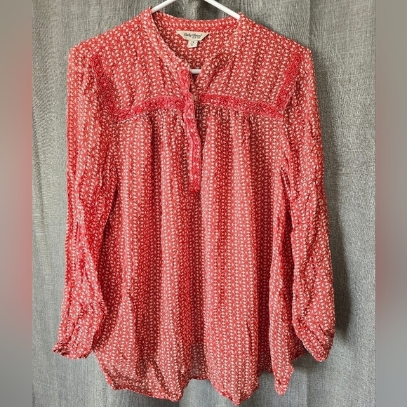 Lucky Brand Peasant Blouse Size 1X Geometric Boho Chiffon Embellished Beaded - Picture 1 of 5